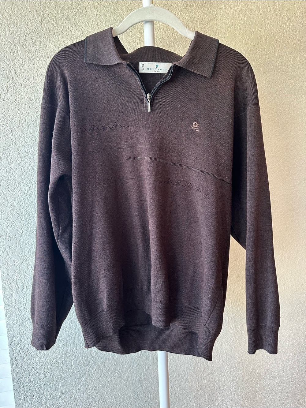 Vintage 1970s Montagut Paris brown knit quarter zip polo sweater means large